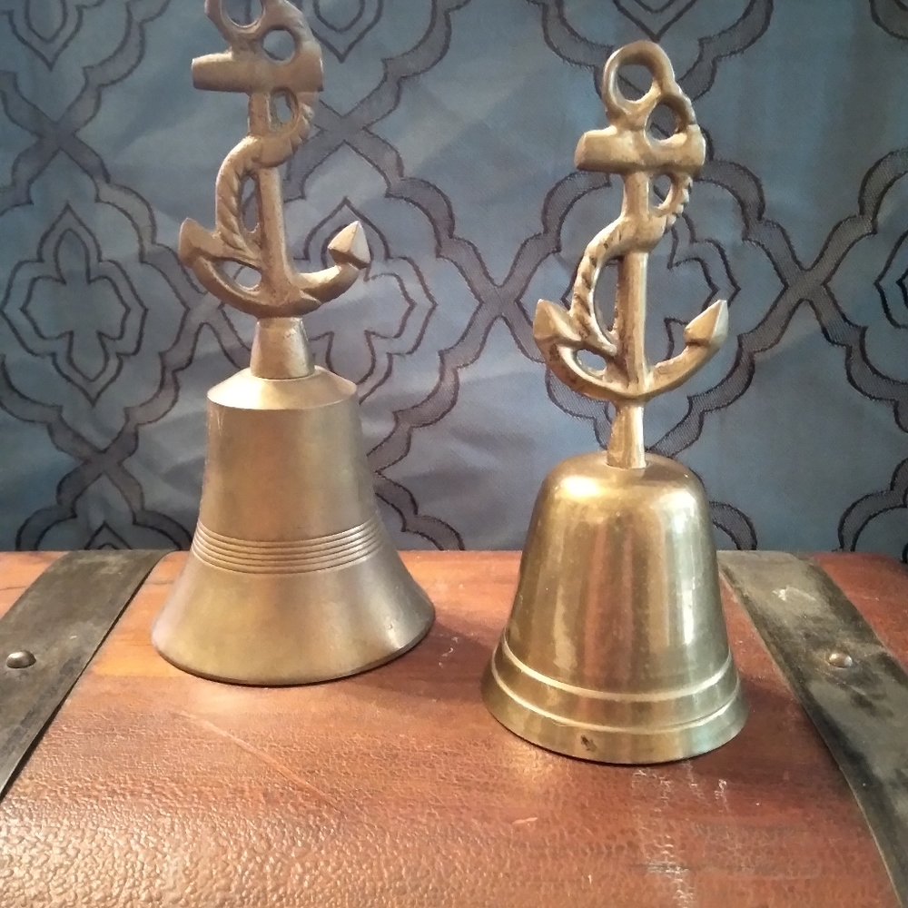 Set of 2 nautical anchor and rope brass bells